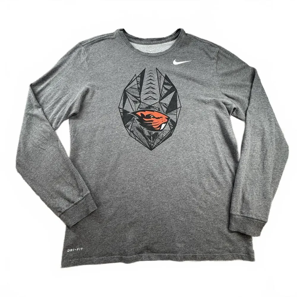 OSU‎ Beavers Football Nike Tee Men's Long Sleeve Grey Shirt Dri-Fit Large